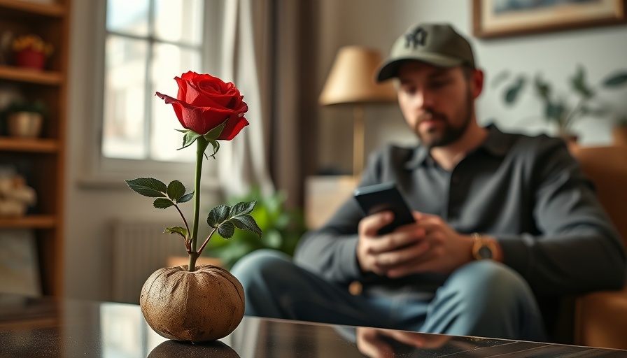 Urban gardening hacks with rose in potato and thoughtful man.