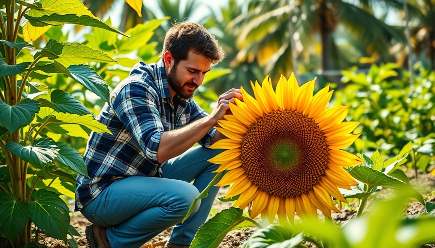 Man harvesting sunflower head in lush garden, Growing Your Own Sunflower Seeds.