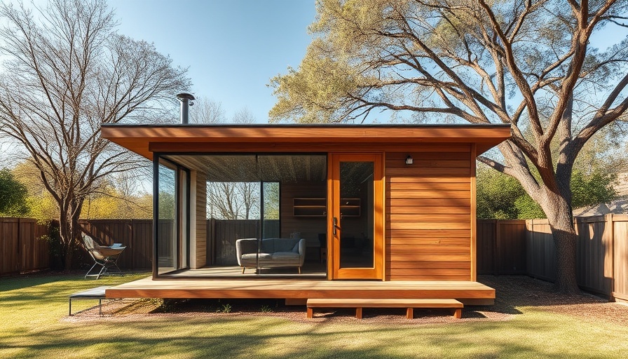 Modern tiny house with large windows in a sunny backyard.