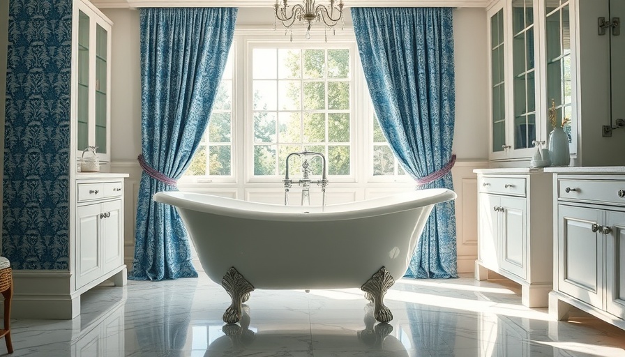 Elegant bathroom design with white tub and blue curtains.