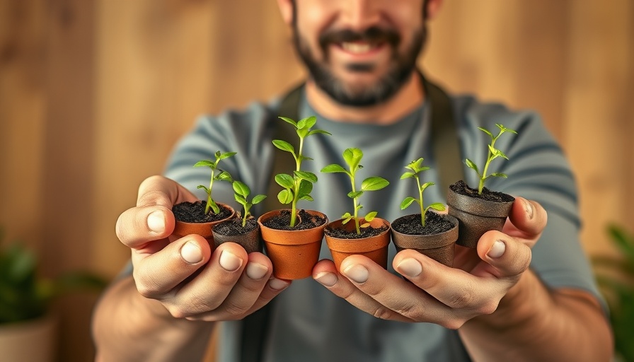 Man discussing invasive plants in a garden, holding seedlings.