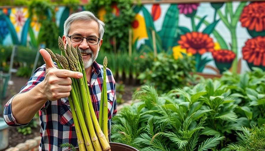 Gardener showing how to grow asparagus in small spaces, colorful garden mural.