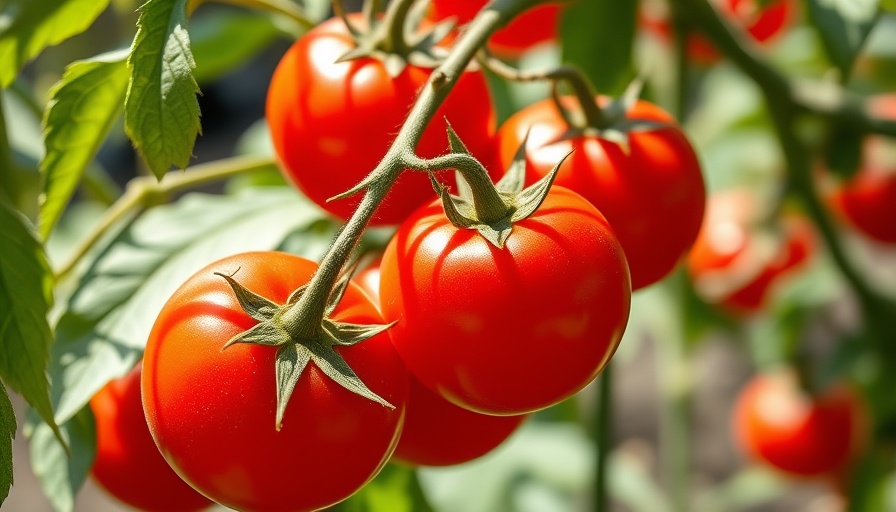 Vibrant cherry tomatoes on the vine, sunlit on a balcony.
