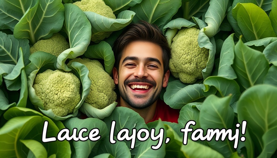 Man among giant broccoli, joyful expression, lush garden.