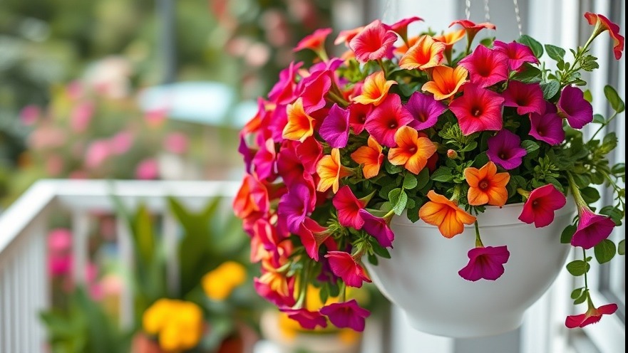 Vibrant easy care plants in a white hanging basket for urban balcony gardens.