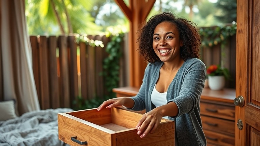 Smiling woman organizing a drawer using DIY bedroom solutions in a beautiful outdoor setting.