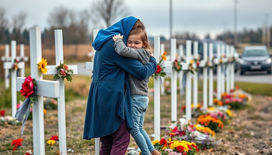 Memorial embrace at Red Lake school shooting remembrance.