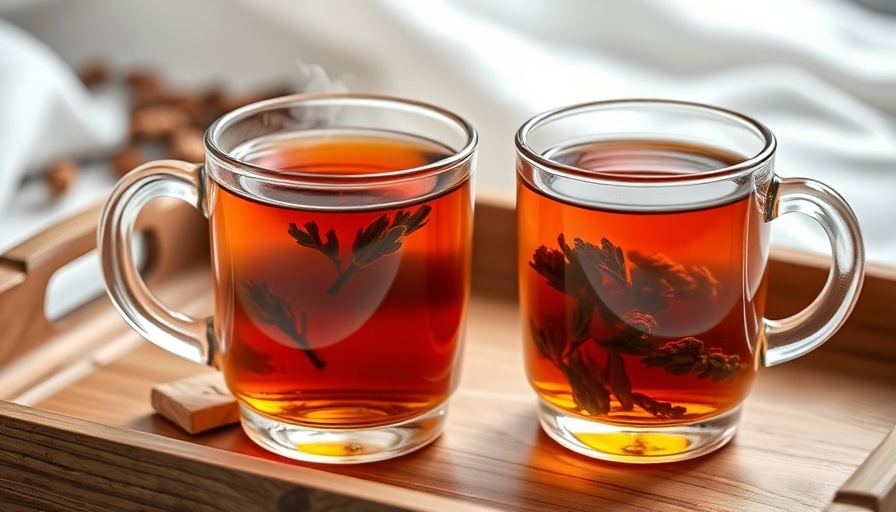 Warm herbal tea recipe in glass mugs on wooden tray.