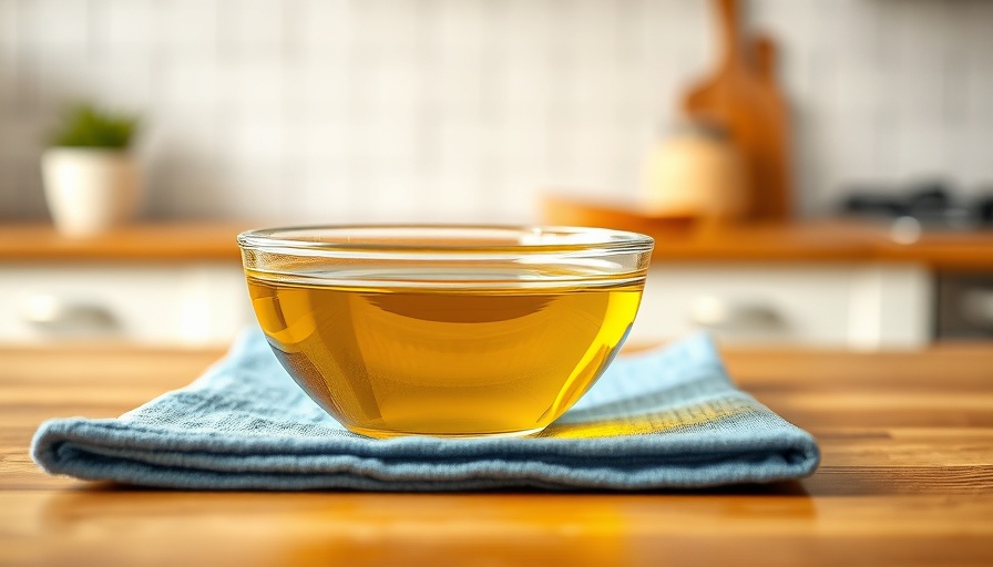 Glass bowl of oil on blue towel for DIY Hair Oil Treatment guide.