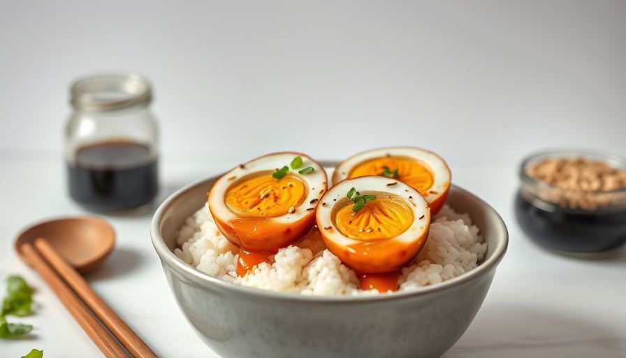 Miso Jammy Eggs Recipe on rice with sesame and herbs