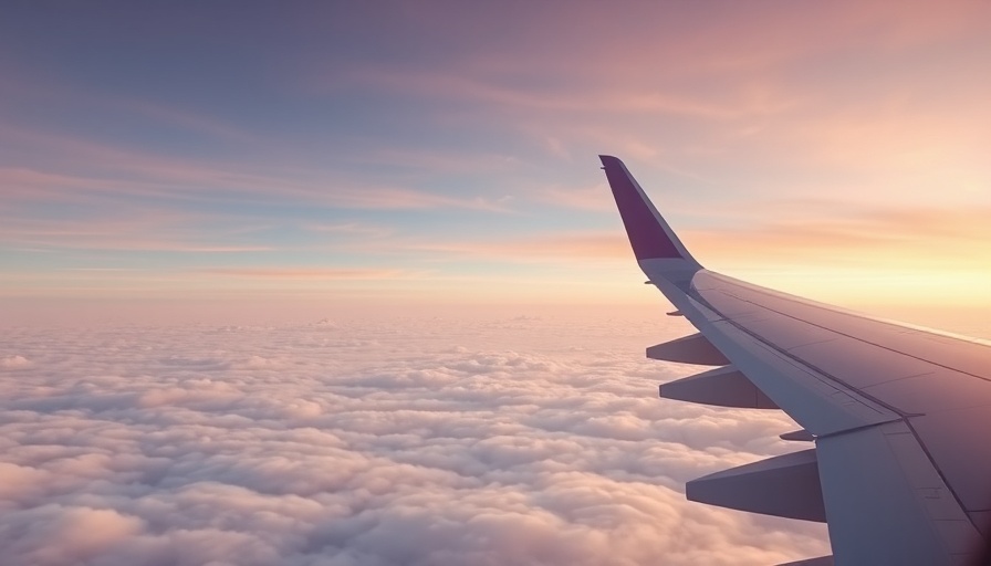 Airplane wing cruising above clouds during sunset for AirAsia Hari Raya Travel Tips.