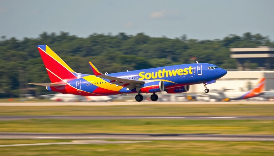 Southwest Airlines plane mid-takeoff at airport, clear skies.