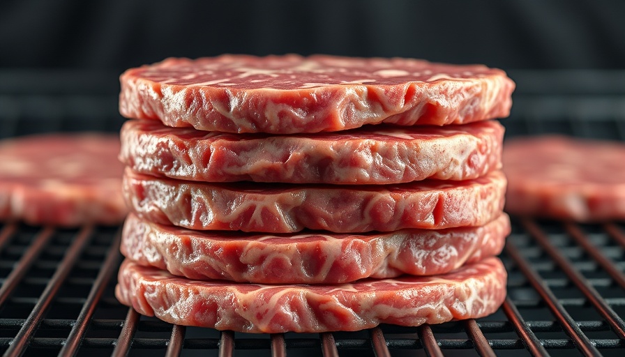 Stack of raw beef patties on grill rack reflecting heme iron content.