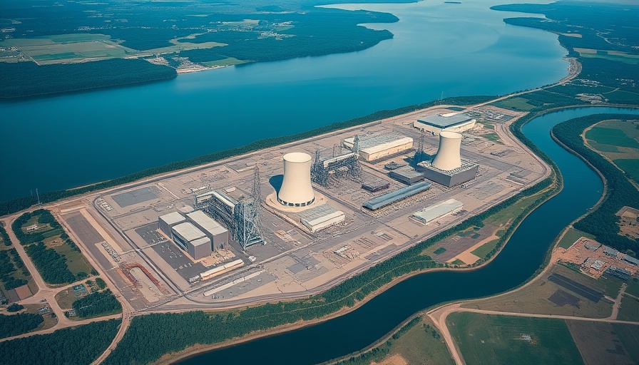 Aerial view of Xcel Monticello nuclear power plant by river.