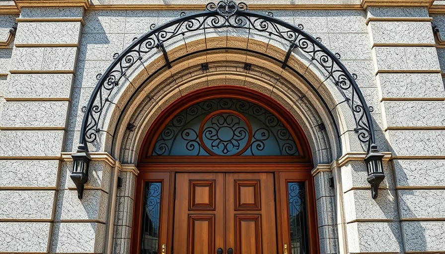 Historical city hall entrance with wrought iron arch.