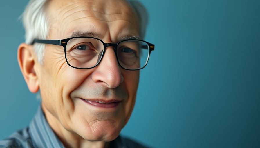 Portrait of a smiling elderly man against a blue background.