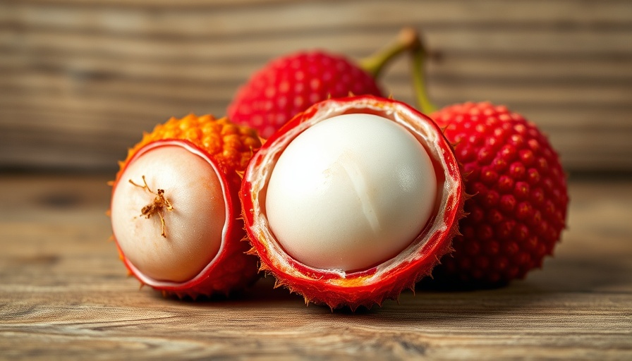 Close-up of lychee fruit with one peeled on rustic wood.