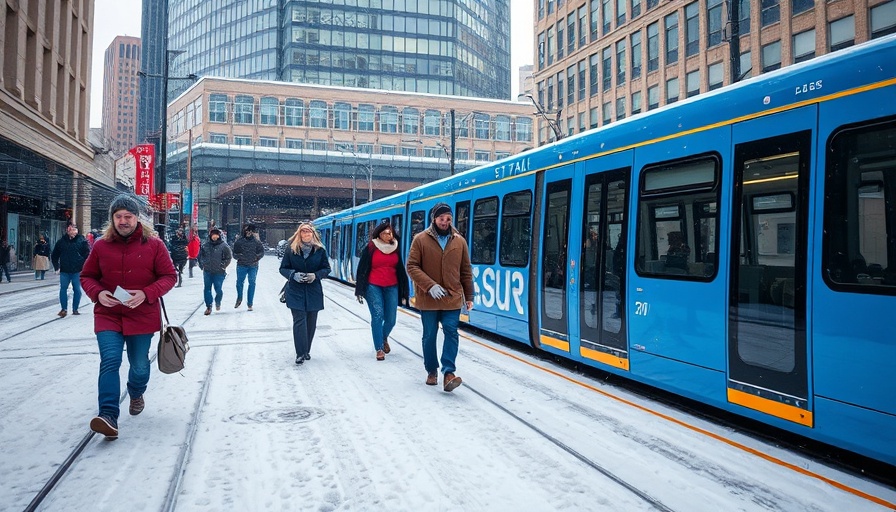Downtown St. Paul winter scene with light rail and pedestrians.