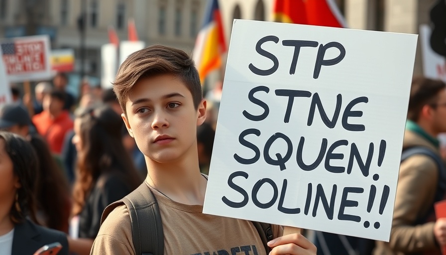 Young student at Minnesota university rally with protest sign, concerned expression.