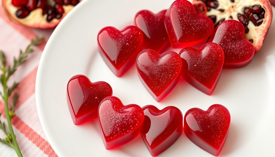 Heart-shaped energy boosting beet gummies with pomegranate on a plate.