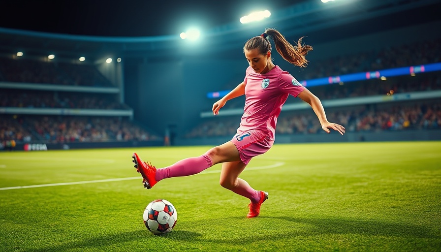 Soccer player in pink uniform dynamically scores on field