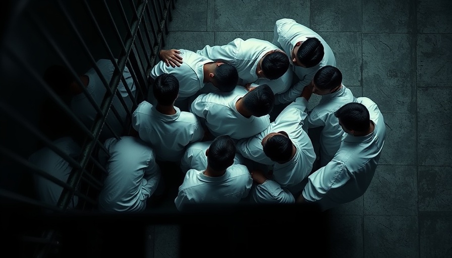 Prisoners in white uniforms sitting with heads down in a prison.