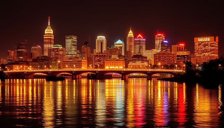 Minneapolis skyline at night reflecting in the river, bright city lights.