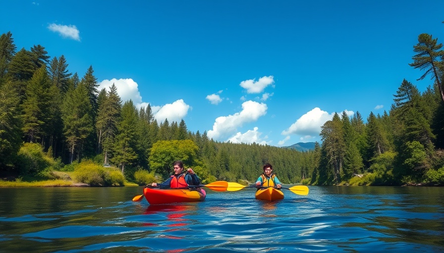 Two people kayaking in BWCAW, lush forest background.
