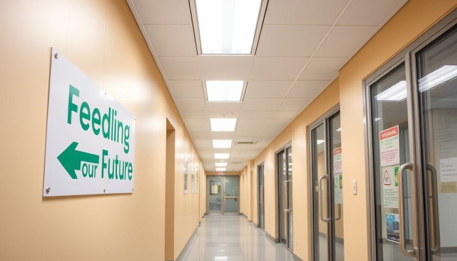 Office hallway with 'Feeding Our Future' signage and safety notices.