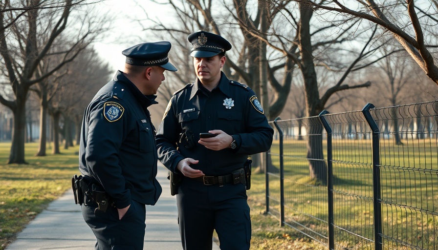 Saint Paul police officers at a park discussing incident.