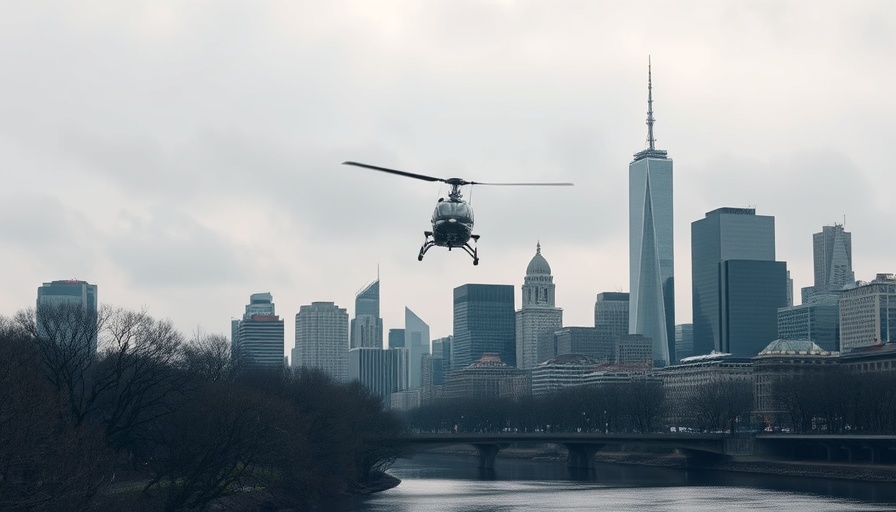 Helicopter over cityscape with overcast sky, FAA Helicopter Tour.