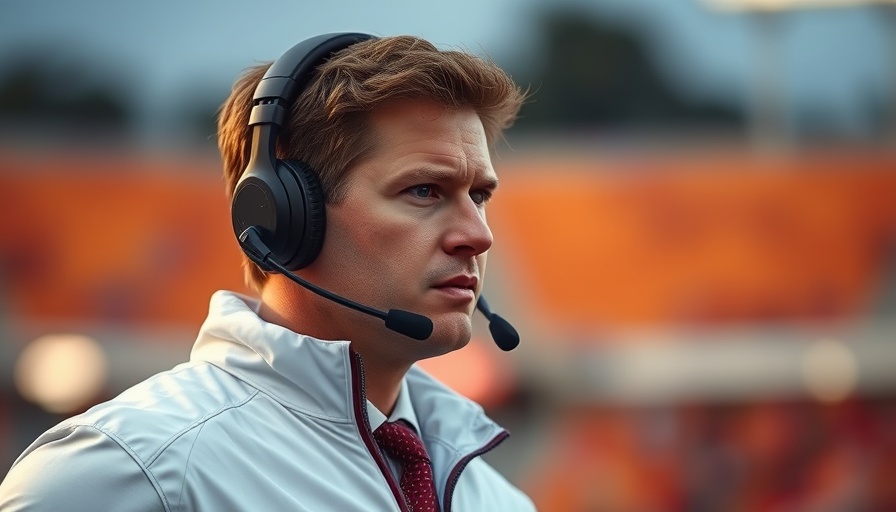 Focused football coach with headset during NCAA game.