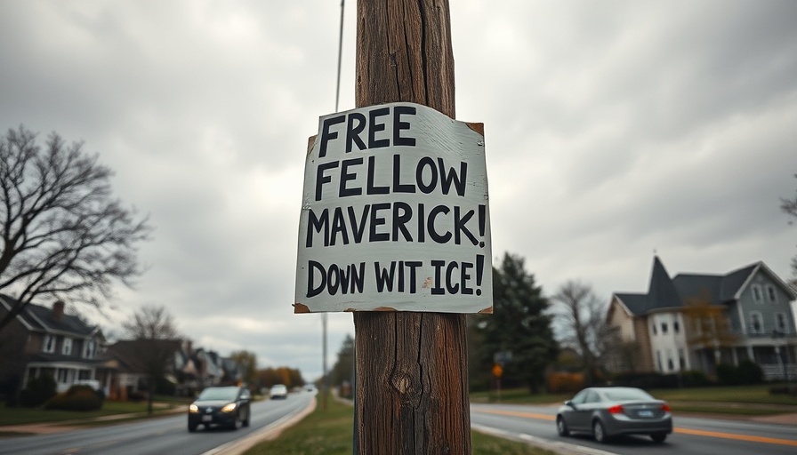 Protest signs against ICE on a pole in suburban Mankato.