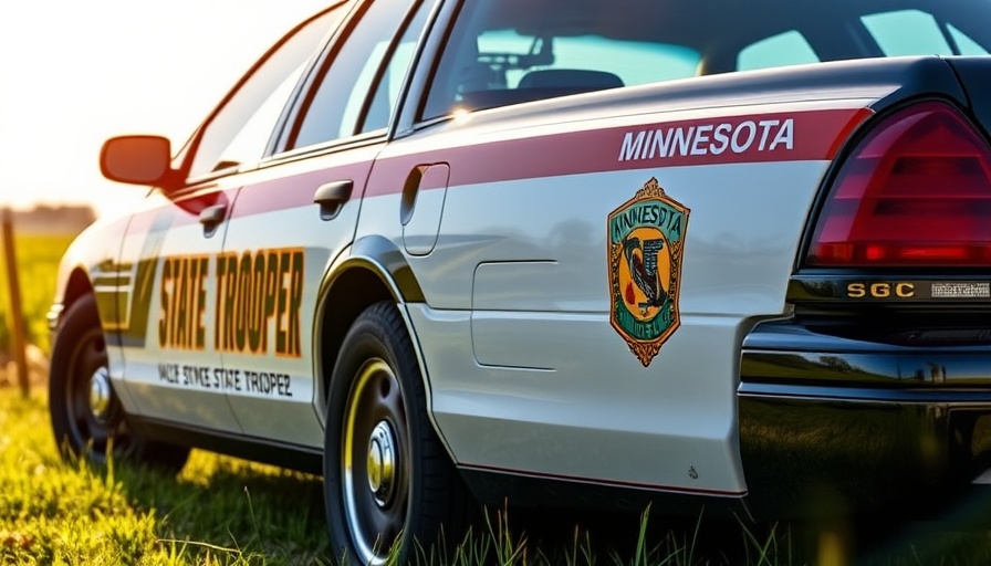 Minnesota State Trooper vehicle parked on grass, Easter freeway fight Minneapolis.