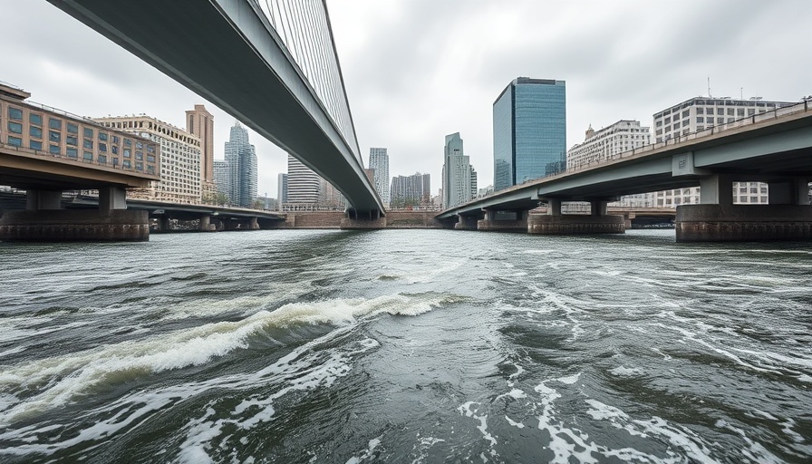 River flowing under bridge near cityscape, Mississippi River.