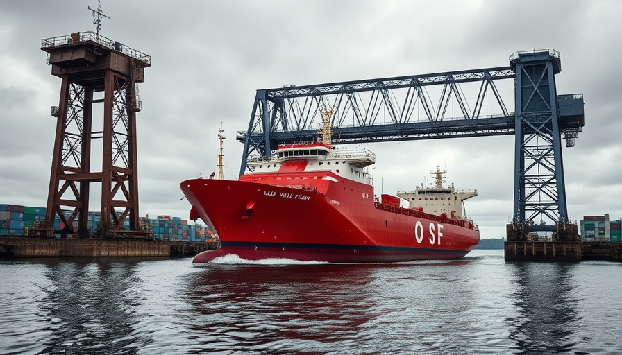 Cargo ship beneath lift bridge at Port of Duluth-Superior.