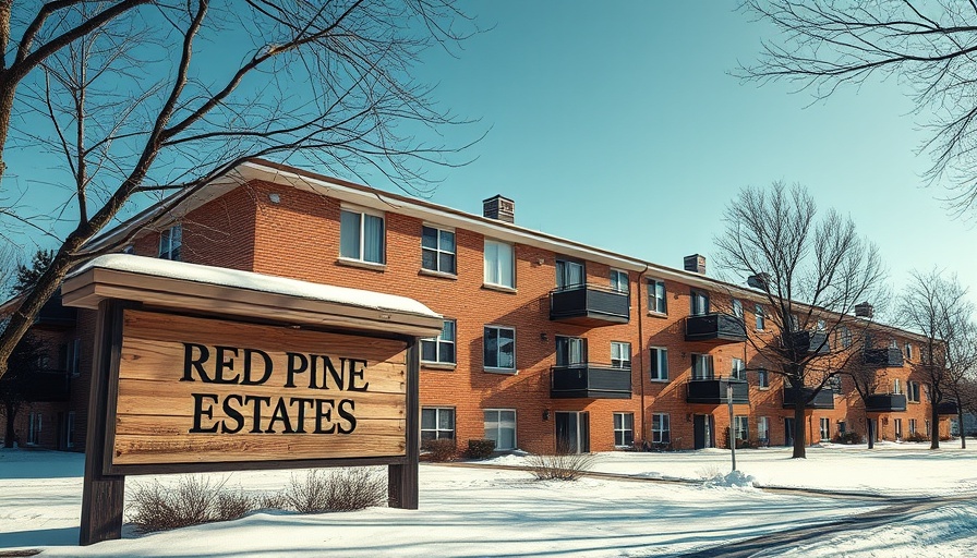 Snowy Red Pine Estates sign in front of brick apartment, winter setting.