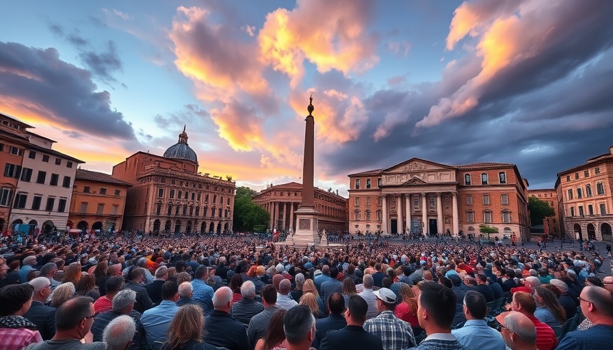 Massive crowd in historic European plaza under colorful sky.