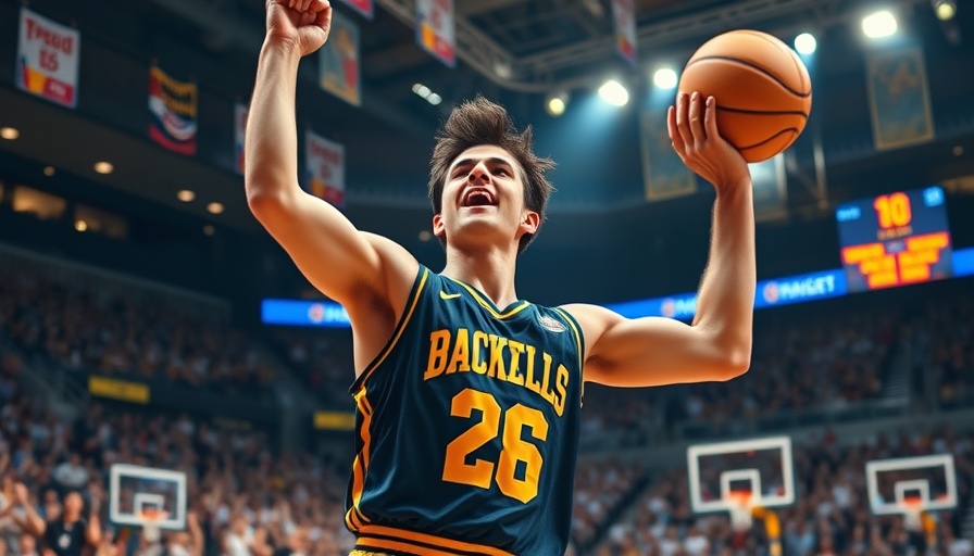 Dynamic basketball scene with player celebrating on court.