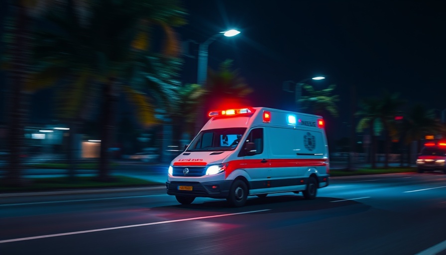 Blurred ambulance at night on Clearwater street after ferry crash.
