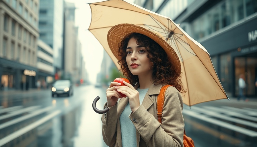 Woman eating apple under umbrella in rainy Twin Cities.