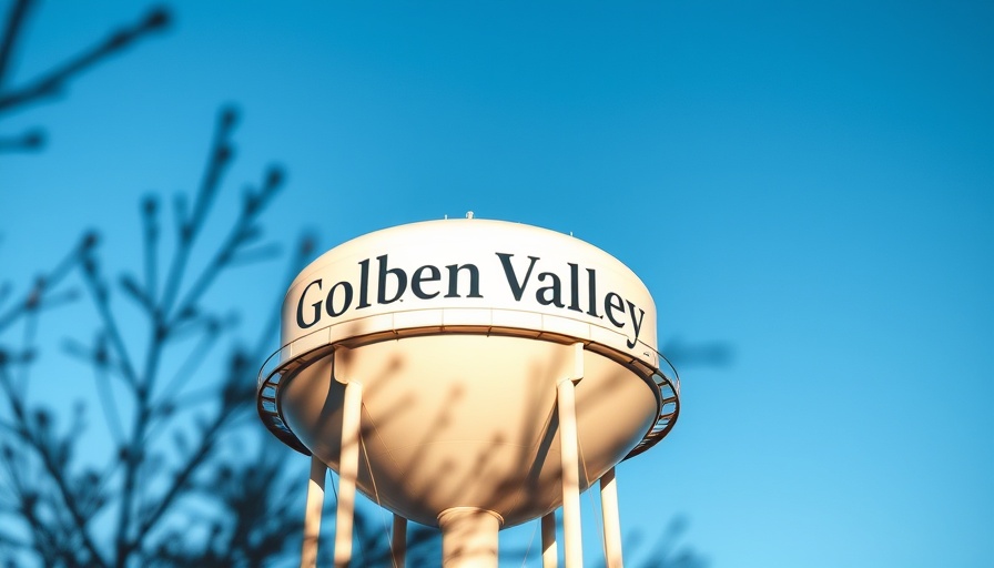 Golden Valley water tower under blue sky