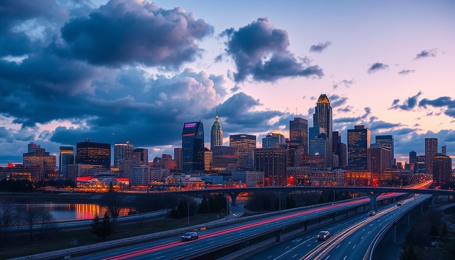 Minneapolis skyline at dusk, highlighting downtown with freeway.