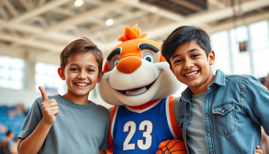 Family with mascot at basketball arena, related to St. Louis Park basketball hoop lawsuit.
