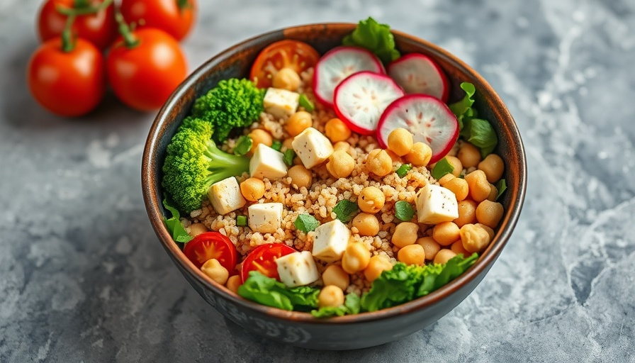 Nutritious bowl with vegetables and grains for treating fatty liver disease with diet.