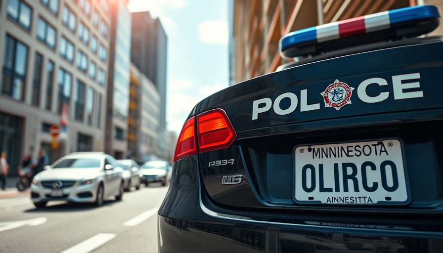 Police car with Minnesota license plate in city, medical emergency traffic accidents scene.