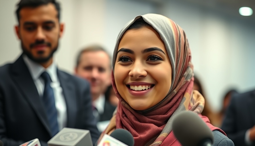 Smiling woman at press conference with others behind her.