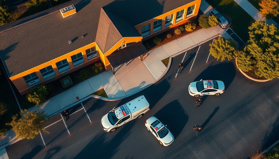 Eden Prairie High School police response aerial view with vehicles.
