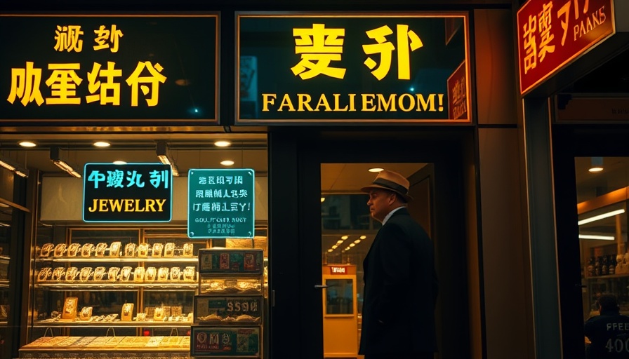 Jewelry store with gold buying signs as man walks by, depicting US Jewelry Frenzy.