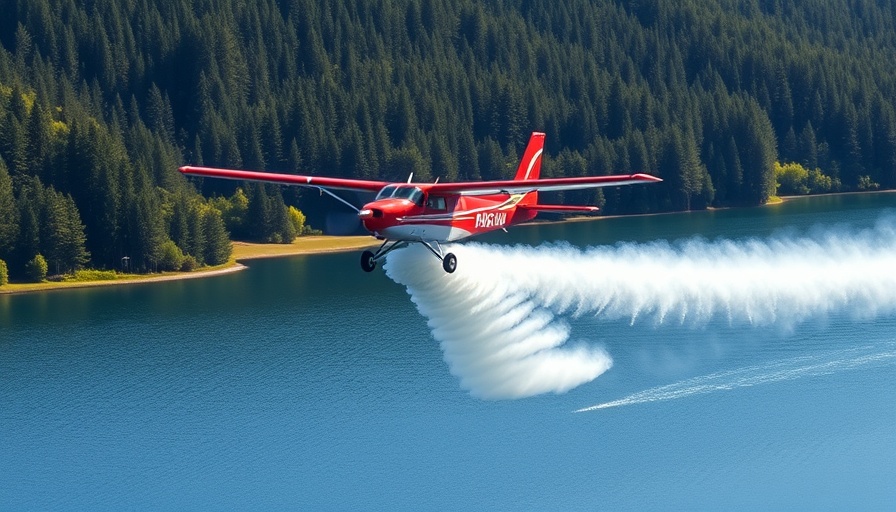 Aerial firefighting in Minnesota lake amid Camp House Fire evacuations.